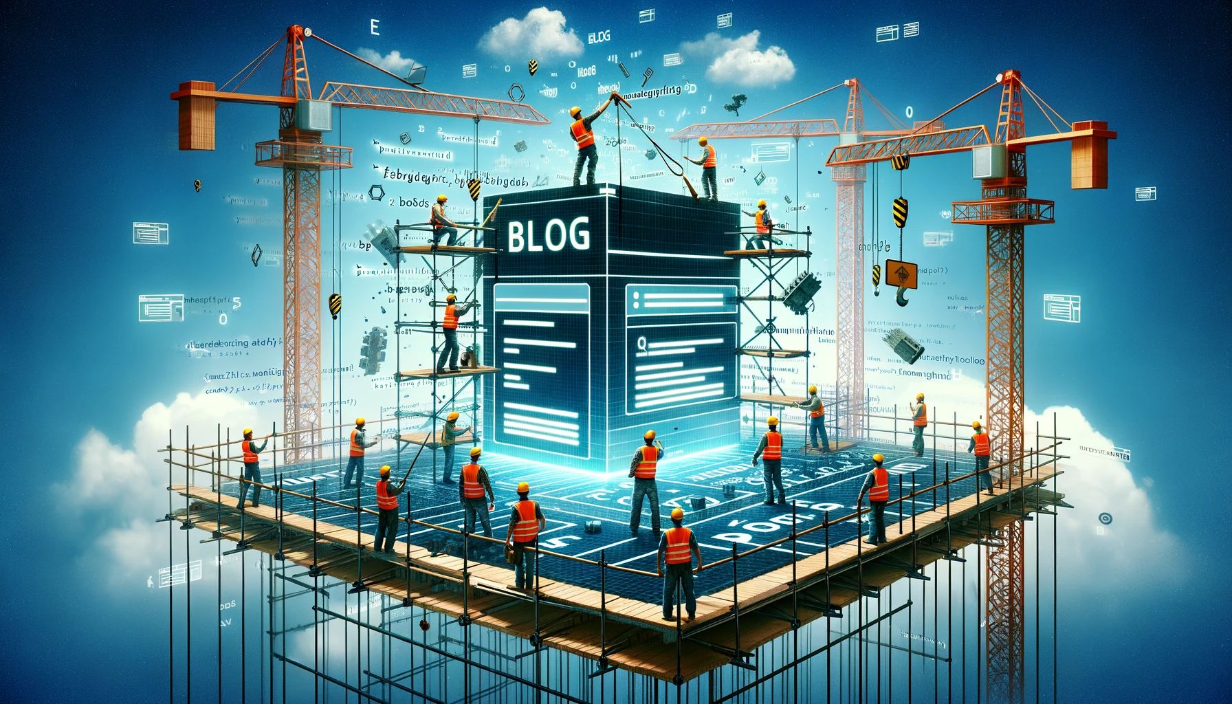 An AI-generated picture of construction workers building a digital blog